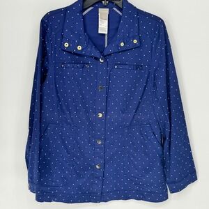 Chico's Polka Dot Utility Jacket Women's Size 1 Navy Blue White Button Front